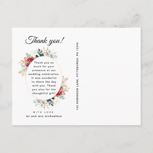 シックなブラックフローラサンキューメッセー結婚ジ ポストカード (裏面)