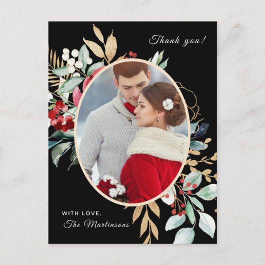 シックなブラックフローラサンキューメッセー結婚ジ ポストカード (正面)