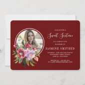 シックなブラックブルゴーニュフローラをテーマにしたフォトスイート16 招待状 (正面)