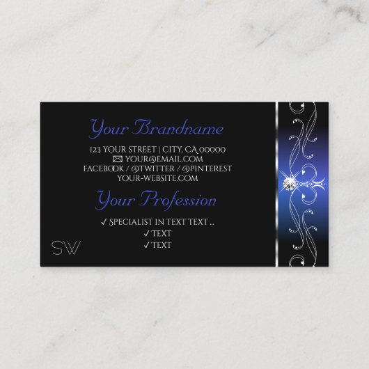 シックなブラックブルースクイグルスパークルジュエリーイニシャル 名刺 (裏面)