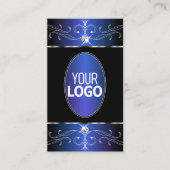 シックなブラックブルーパープル華美オーナメントとロゴ 名刺 (正面)