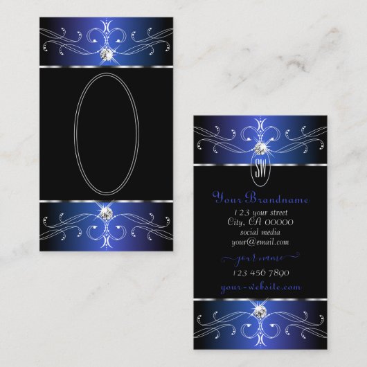 シックなブラックブルーパープル華美オーナメントイニシャル 名刺 (正面/裏面)