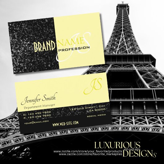 シックなブラックライトイエローグリッタースターズアンドモノグラム 名刺