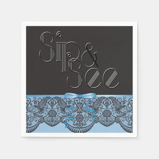 シックなブラックレースとブルーsipと参照パーティーナプキン スタンダードカクテルナプキン (正面)