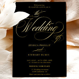 シックなブラック写真結婚書道の金ゴールド 箔招待状