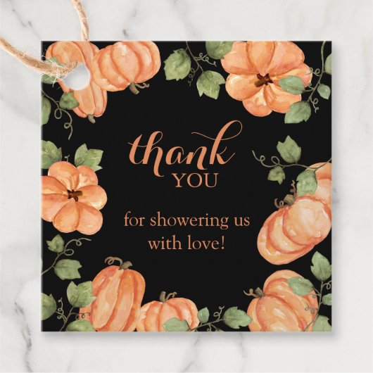 シックなブラック秋カボチャ赤ちゃん感謝していシャワー フェイバータグ (正面)