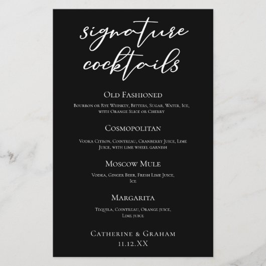 シックなブラック結婚のシグネチャーカクテルバーメニュー (正面)