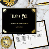 シックなブラック金ゴールドアールデコ結婚フローラサンキュー 箔招待状ポストカード