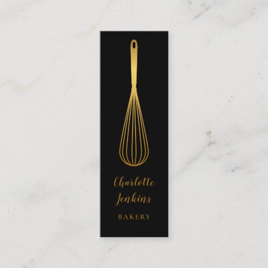 シックなブラック金ゴールドウィスクパティスリーシェフ スキニー名刺 (正面)