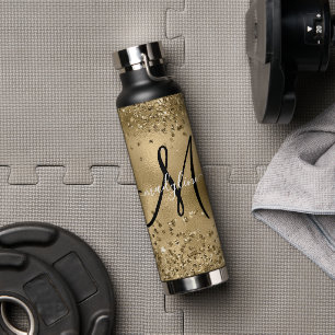 シックなブラック金ゴールドグリッターモノグラム名 ウォーターボトル
