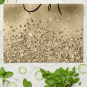 シックなブラック金ゴールドグリッターモノグラム名 キッチンタオル (折り畳み)