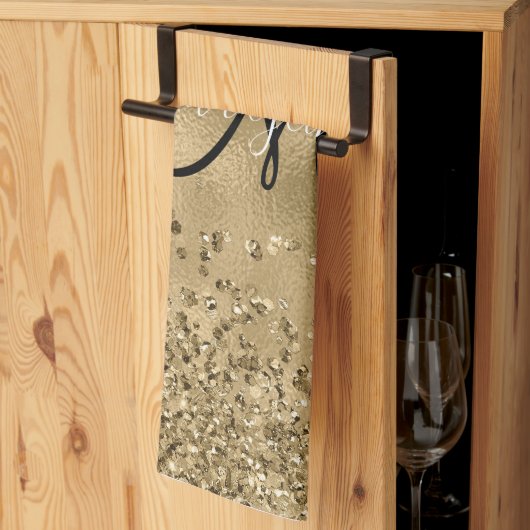 シックなブラック金ゴールドグリッターモノグラム名 キッチンタオル (三つ折り)