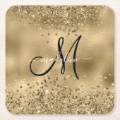 シックなブラック金ゴールドグリッターモノグラム名 スクエアペーパーコースター (正面)