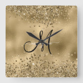 シックなブラック金ゴールドグリッターモノグラム名 スクエア壁時計 (正面)