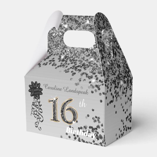 シックなブラック金ゴールドグリッター&リボン16誕生日 フェイバーボックス (正面サイド)