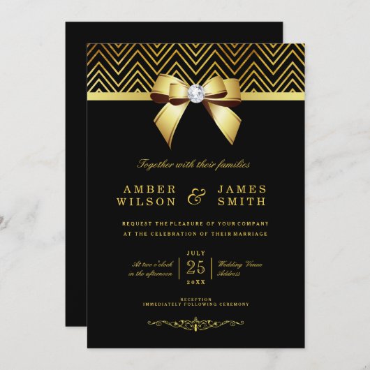 シックなブラック金ゴールドシェブロンダイヤモンドボウ結婚ズ 招待状 (正面/裏面)