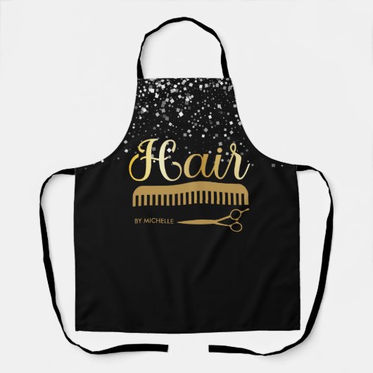 シックなブラック金ゴールドシルバーグリッターヘアスタイリストサロン エプロン (正面)