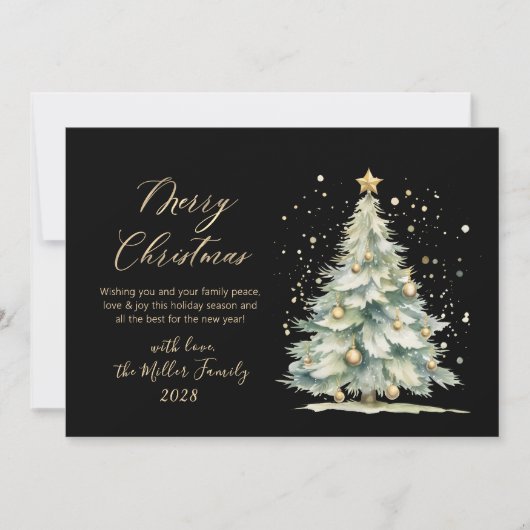 シックなブラック金ゴールドスクリプトウォーターカラークリスマスツリー シーズンカード (正面)