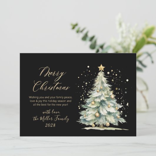 シックなブラック金ゴールドスクリプトウォーターカラークリスマスツリー シーズンカード (スタンド正面)