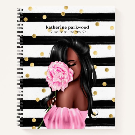 シックなブラック金ゴールドストライプズブルネットガールピンクフローラ ノートブック (正面)