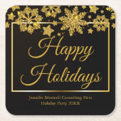 シックなブラック金ゴールドスノーフレークカスタムクリスマスパーティー スクエアペーパーコースター (正面)