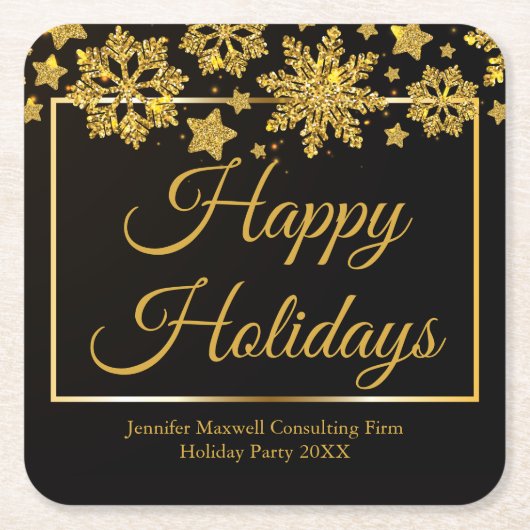 シックなブラック金ゴールドスノーフレークカスタムクリスマスパーティー スクエアペーパーコースター (正面)