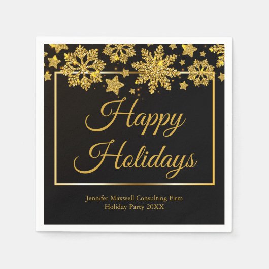 シックなブラック金ゴールドスノーフレークカスタムクリスマスパーティー スタンダードカクテルナプキン (正面)