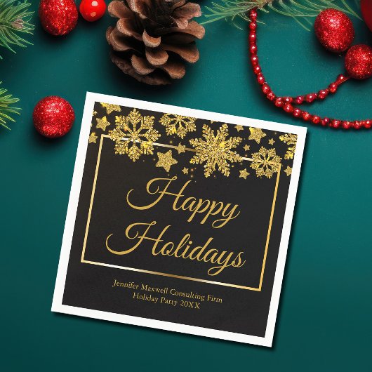 シックなブラック金ゴールドスノーフレークカスタムクリスマスパーティー スタンダードカクテルナプキン