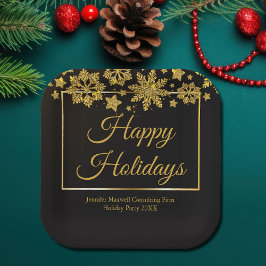 シックなブラック金ゴールドスノーフレークカスタムクリスマスパーティー ペーパープレート