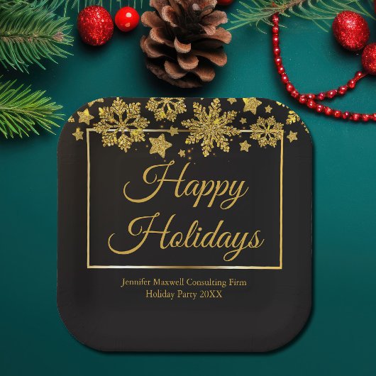 シックなブラック金ゴールドスノーフレークカスタムクリスマスパーティー ペーパープレート