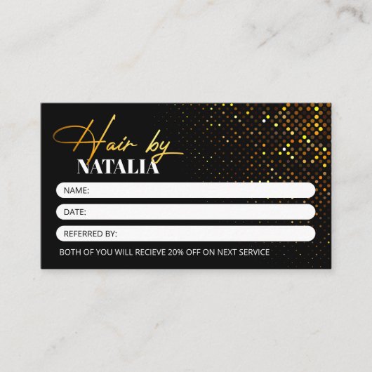 シックなブラック金ゴールドスパークル美容師サロン 紹介カード (正面)