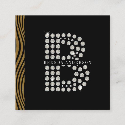 シックなブラック金ゴールドダイヤモンドイニシャルBモノグラムQRコード スクエア名刺 (正面)