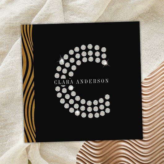 シックなブラック金ゴールドダイヤモンドイニシャルCモノグラムQRコード スクエア名刺