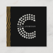シックなブラック金ゴールドダイヤモンドイニシャルCモノグラムQRコード スクエア名刺 (正面)