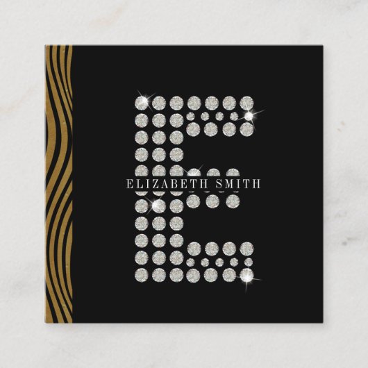 シックなブラック金ゴールドダイヤモンドイニシャルEモノグラムQRコード スクエア名刺 (正面)