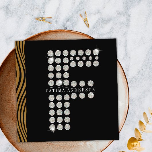 シックなブラック金ゴールドダイヤモンドイニシャルFモノグラムQRコード スクエア名刺