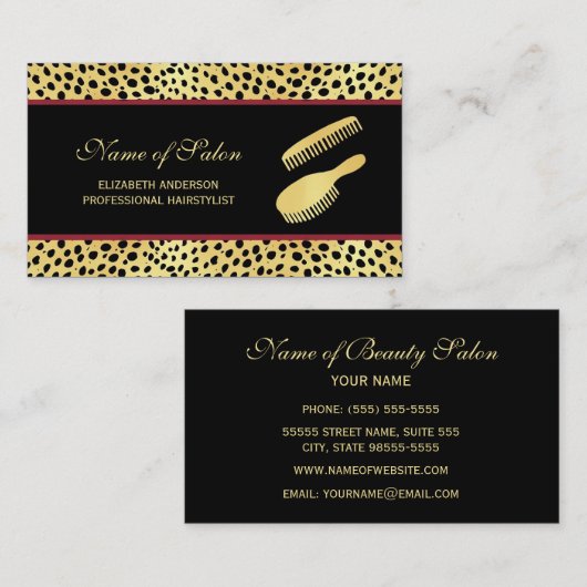 シックなブラック金ゴールドチーテプリントヘアスタイリストサロン 名刺 (正面/裏面)
