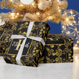 シックなブラック金ゴールドフラワーヴィンテージパタユニークーン ラッピングペーパー