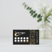 シックなブラック金ゴールドフローラヘアスタイリスト美しいサロン ロイヤリティカード (スタンド正面)