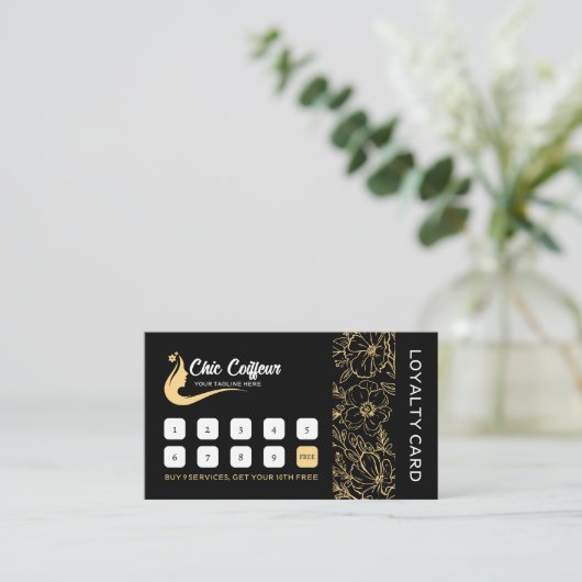 シックなブラック金ゴールドフローラヘアスタイリスト美しいサロン ロイヤリティカード (スタンド正面)