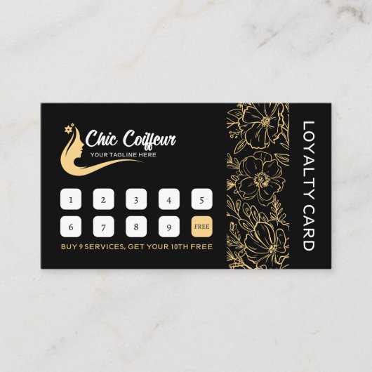 シックなブラック金ゴールドフローラヘアスタイリスト美しいサロン ロイヤリティカード (正面)