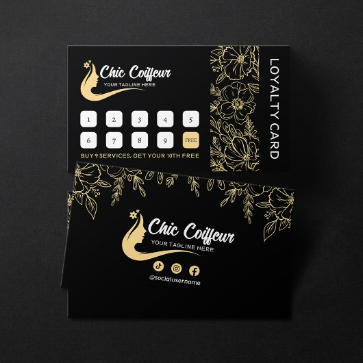 シックなブラック金ゴールドフローラヘアスタイリスト美しいサロン ロイヤリティカード
