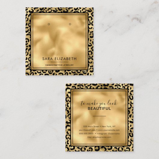 シックなブラック金ゴールドレオパード印刷イヤリング表示カード スクエア名刺 (正面/裏面)
