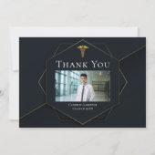 シックなブラック金ゴールド医学部写真卒業 サンキューカード (正面)