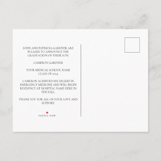 シックなブラック金ゴールド医学部写真卒業 案内ポストカード (裏面)