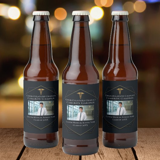 シックなブラック金ゴールド医学部卒業写真 ビールラベル