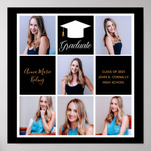 シックなブラック金ゴールド卒業シニアポートレート写真 ポスター