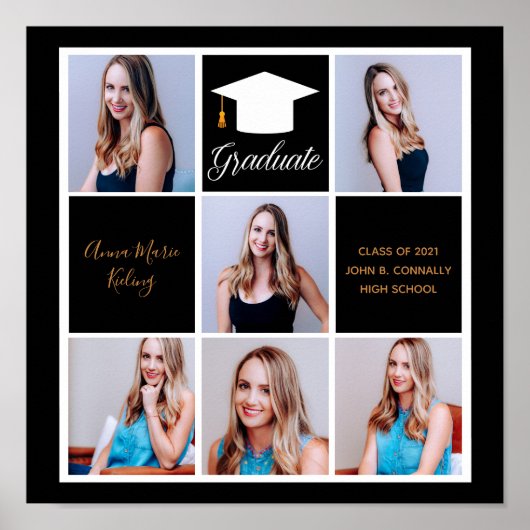 シックなブラック金ゴールド卒業シニアポートレート写真 ポスター (正面)