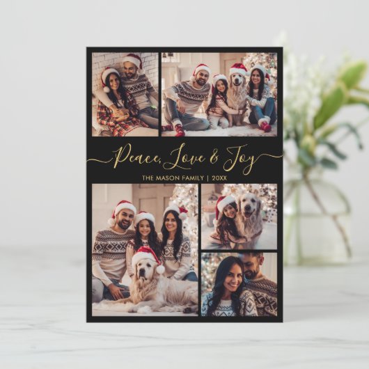 シックなブラック金ゴールド平和の愛と喜びスクリプト5写真 シーズンカード (スタンド正面)