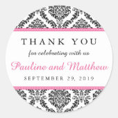 シックなブラック&ホワイトのピンクダマスクウェディングサンキュー ラウンドシール (正面)